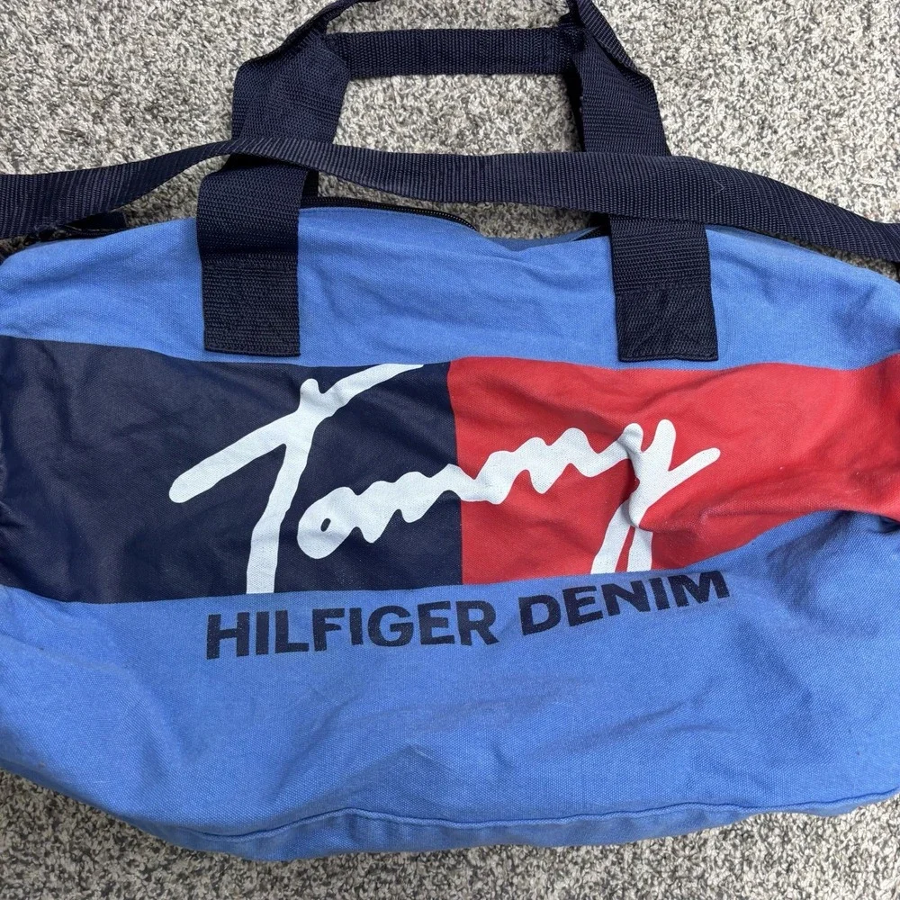 Vintage Tommy Hilfiger Duffel Bag Red Flag Logo Large Denim 90s Gym Travel